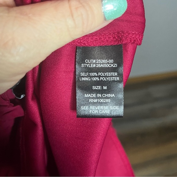 Trixxi High Neck Sheer Sleeve Dress Women M Red Magenta Tiered Ruffle Zip Midi - Picture 10 of 10